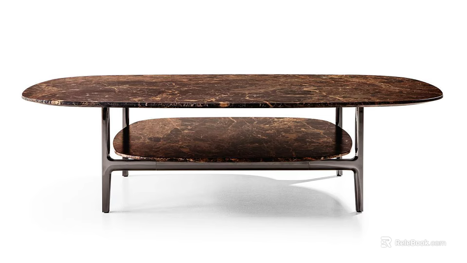 Elegant Dark Brown Marble Coffee Table With Double Layer Metal Frame Design 3d model 