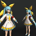 Game And Movie Character With Blue Long Hair Yellow Bow And White Dress