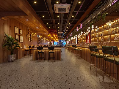 Modern Bar Interior With Wooden Walls Bar Counter High Stools Green Plants And Decorative Lights 3d model