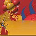 Vibrant 3D Scene With Red Yellow Balloons Geometric Plants And Colorful Background