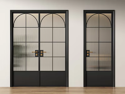 Modern Black Double Doors With Arched Top Grid Glass And Metal Frame Design 3d model