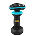 Modern Three Blade Electric Shaver With Blue Handle Black Base And Green Indicator Light Design