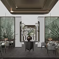 Elegant Banquet Hall Interior Design With Hanging Lamps Green Decorative Screens And Floral Centerpieces