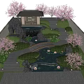 Rockery Stones Garden Landscape With Cherry Blossom Trees Waterfall Small Bridge And Lotus Pond
