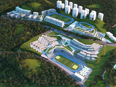 Modern School Campus Buildings with Green Surroundings Sports Field Track and Facilities 3d model