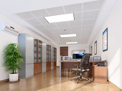 Modern Office Interior With Wooden Desk Ergonomic Chair Filing Cabinets And Green Plant 3d model
