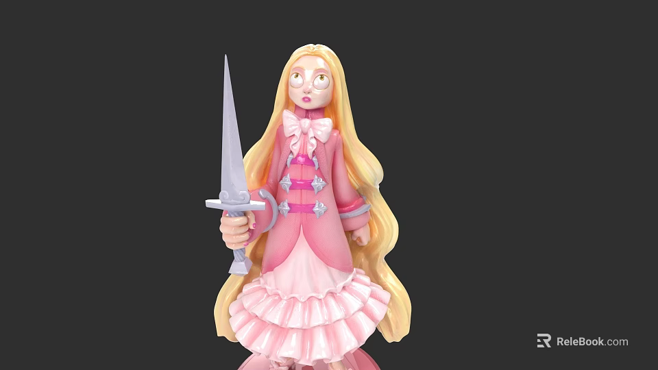 Woman With Long Blonde Hair In Pink Bow Dress Holding Silver Sword 3d model 