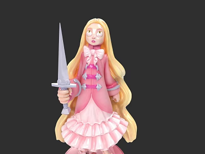 Woman With Long Blonde Hair In Pink Bow Dress Holding Silver Sword 3d model