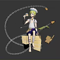 Cartoon Character Sitting On Box Wearing White Hat Holding Dessert With Chain And Key