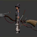 Witch With Cloak And Broomstick With Lamp Standing Next To White Rabbit