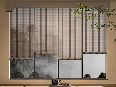 Woven Bamboo Blinds For Window With Natural Scenic View And Minimalist Interior 3d model