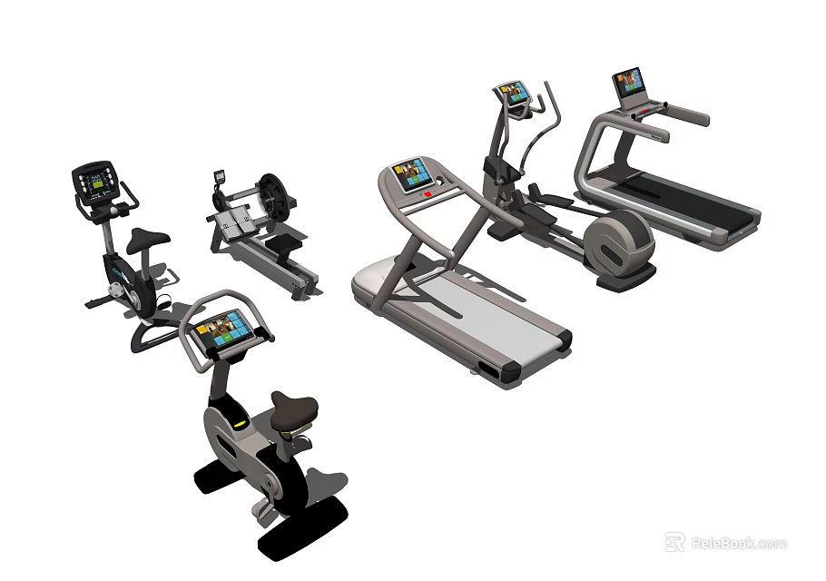 Modern Home Gym Fitness Equipment Including Treadmill Exercise Bike Elliptical Trainer With Digital Displays 3d model 