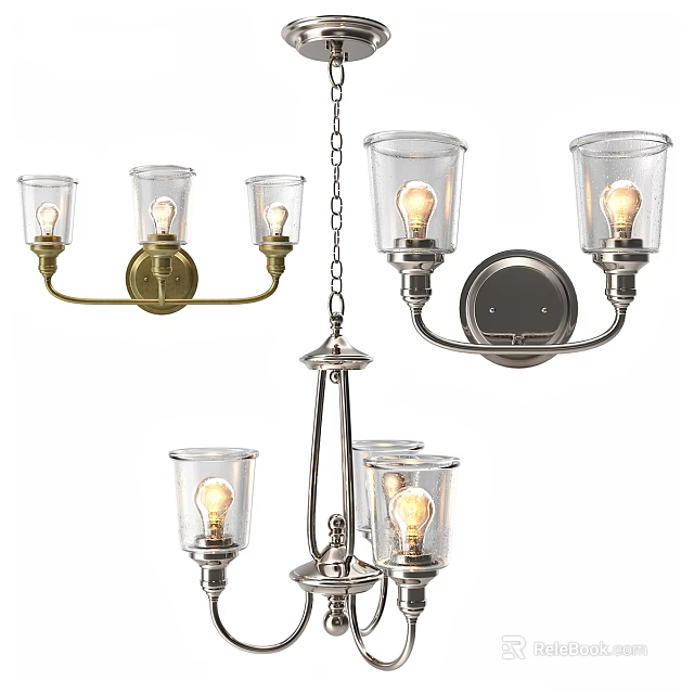 Modern and Classic Chandeliers with Glass Shades Metal Frames and Vintage Bulbs Lighting Fixtures 3d model 