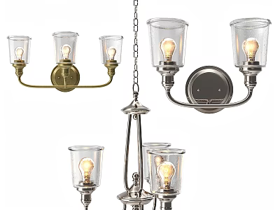Modern and Classic Chandeliers with Glass Shades Metal Frames and Vintage Bulbs Lighting Fixtures 3d model