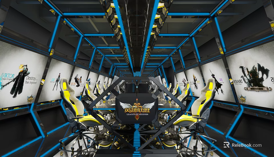 Modern Tech Inspired Internet Cafe Interior With Gaming PCs Comfortable Seats And Neon Lights 3d model 
