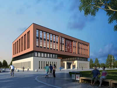 Modern Red Brick Building With Light Stone Exterior Large Glass Windows People Walking Cycling Outside 3d model