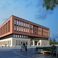 Modern Red Brick Building With Light Stone Exterior Large Glass Windows People Walking Cycling Outside