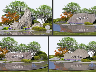 Large Inscribed Stone In Garden Landscape With Trees Lawn Pond Reflections Shrubs And Flowers 3d model