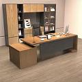 Modern Wooden Office Desk With Table Lamp Tablet Documents Black Chair And Wooden Floor