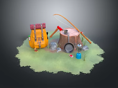 Camping Outdoor Gear Setup With Yellow Backpack Fishing Rod Tree Stump Pot And Lantern 3d model