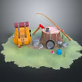 Camping Outdoor Gear Setup With Yellow Backpack Fishing Rod Tree Stump Pot And Lantern