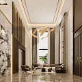 Duplex Living Room with High Ceiling Golden Chandelier Marble Floor and Brown Sofas