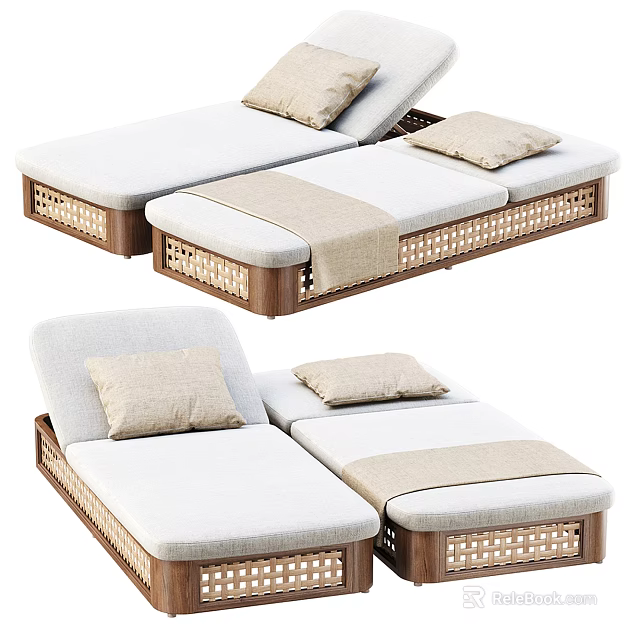 Comfortable Rattan Lounge Chairs With Wooden Frames Light Cushions And Soft Pillows 3d model 