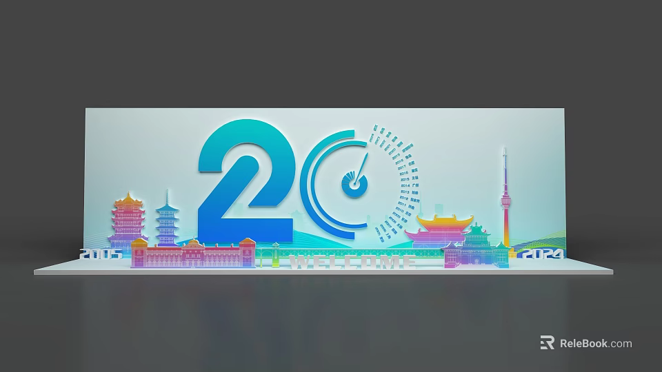 20th Anniversary Photo Check in Spot with Clock Design and Colorful Landmark Buildings 3d model 