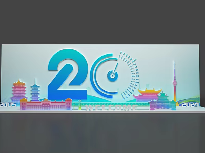 20th Anniversary Photo Check in Spot with Clock Design and Colorful Landmark Buildings 3d model