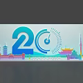 20th Anniversary Photo Check in Spot with Clock Design and Colorful Landmark Buildings