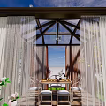 Villa Balcony with Wooden Structure White Curtains Outdoor Furniture Lush Greenery Flowers Under Blue Sky