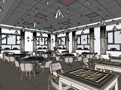 Hotel Mahjong Room Interior With Tables Chairs Board Games Windows And Ceiling Decorations 3d model