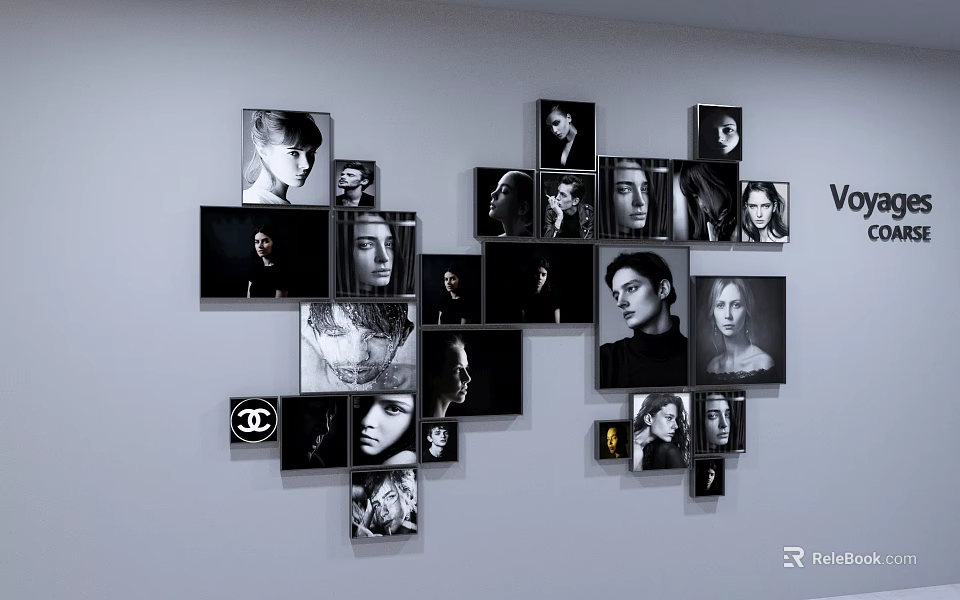 Black and White Photo Frames Collage with Chanel Logo Wall Display Arrangement 3d model 