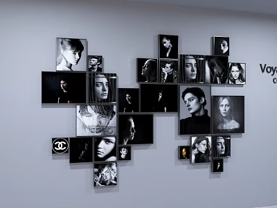 Black and White Photo Frames Collage with Chanel Logo Wall Display Arrangement 3d model