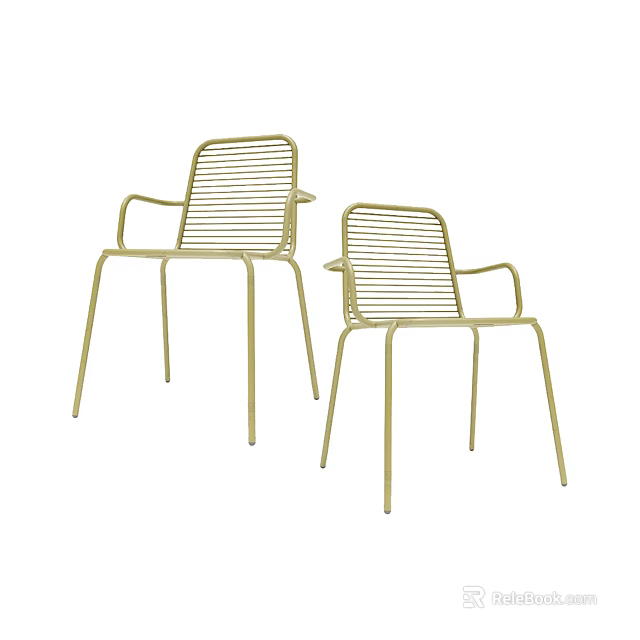 Two Light Gold Modern Metal Leisure Chairs with Armrests and Wireframe Design 3d model 
