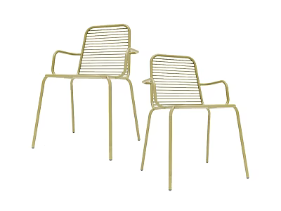 Two Light Gold Modern Metal Leisure Chairs with Armrests and Wireframe Design 3d model