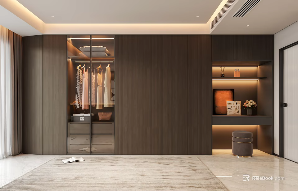 Modern Dark Wood Built in Wardrobe with Hanging Clothes Drawers and Display Shelves 3d model 