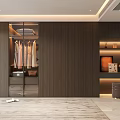 Modern Dark Wood Built in Wardrobe with Hanging Clothes Drawers and Display Shelves