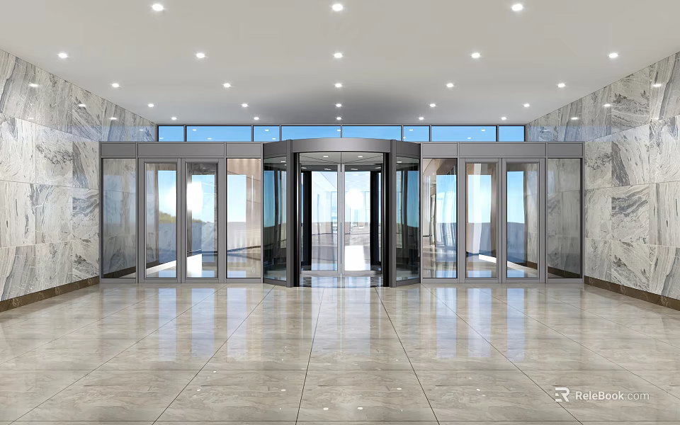 Bright Lobby Interior With Revolving Door Glass Doors And Marble Walls 3d model 