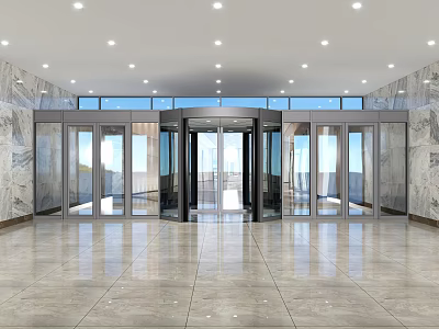 Bright Lobby Interior With Revolving Door Glass Doors And Marble Walls 3d model