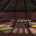 Traditional Yurt Circular Gray Exterior Open Door Revealing Colorful Carpet Interior Decor Blue Patterned Trim