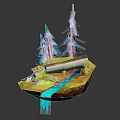 Blue Pine Trees On Floating Island With Wooden Log Red Mushrooms And Water Stream