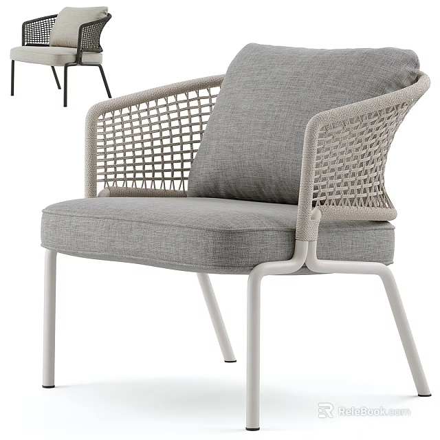 Modern Woven Rattan Armchair With Gray Cushion And White Metal Frame 3d model 