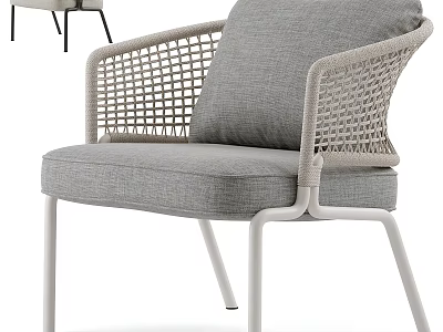 Modern Woven Rattan Armchair With Gray Cushion And White Metal Frame 3d model