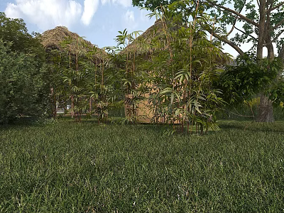 Tranquil Garden Landscape With Thatched Roof Huts Lush Greenery And Surrounding Trees 3d model