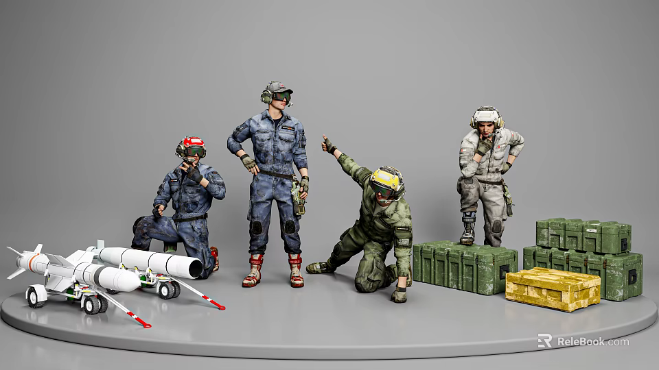 Men in Military Uniforms Standing Kneeling and Pointing with Missiles and Ammunition Boxes 3d model 