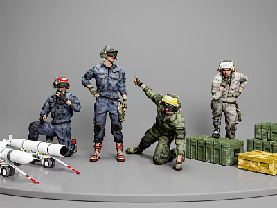 Men in Military Uniforms Standing Kneeling and Pointing with Missiles and Ammunition Boxes 3d model