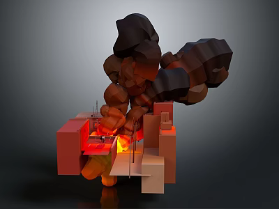 Abstract 3D Geometric Structure With Red Glowing Elements And Stacked Shapes On Dark Background 3d model