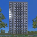 Tall Modern Residential Building Exterior With Many Windows And Green Trees Under Blue Sky