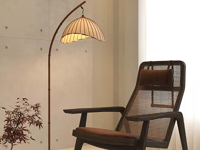 Indoor Scene With Rattan Backrest Chair Curved Pole Floor Lamp And Small Potted Plant 3d model